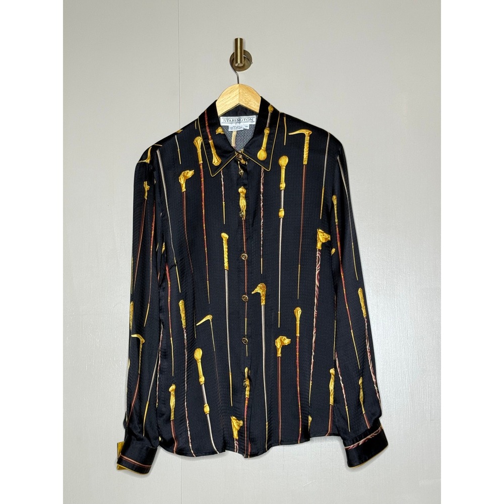 Vintage Starington 100% Silk Equestrian Cane Print Blouse Size 14‎